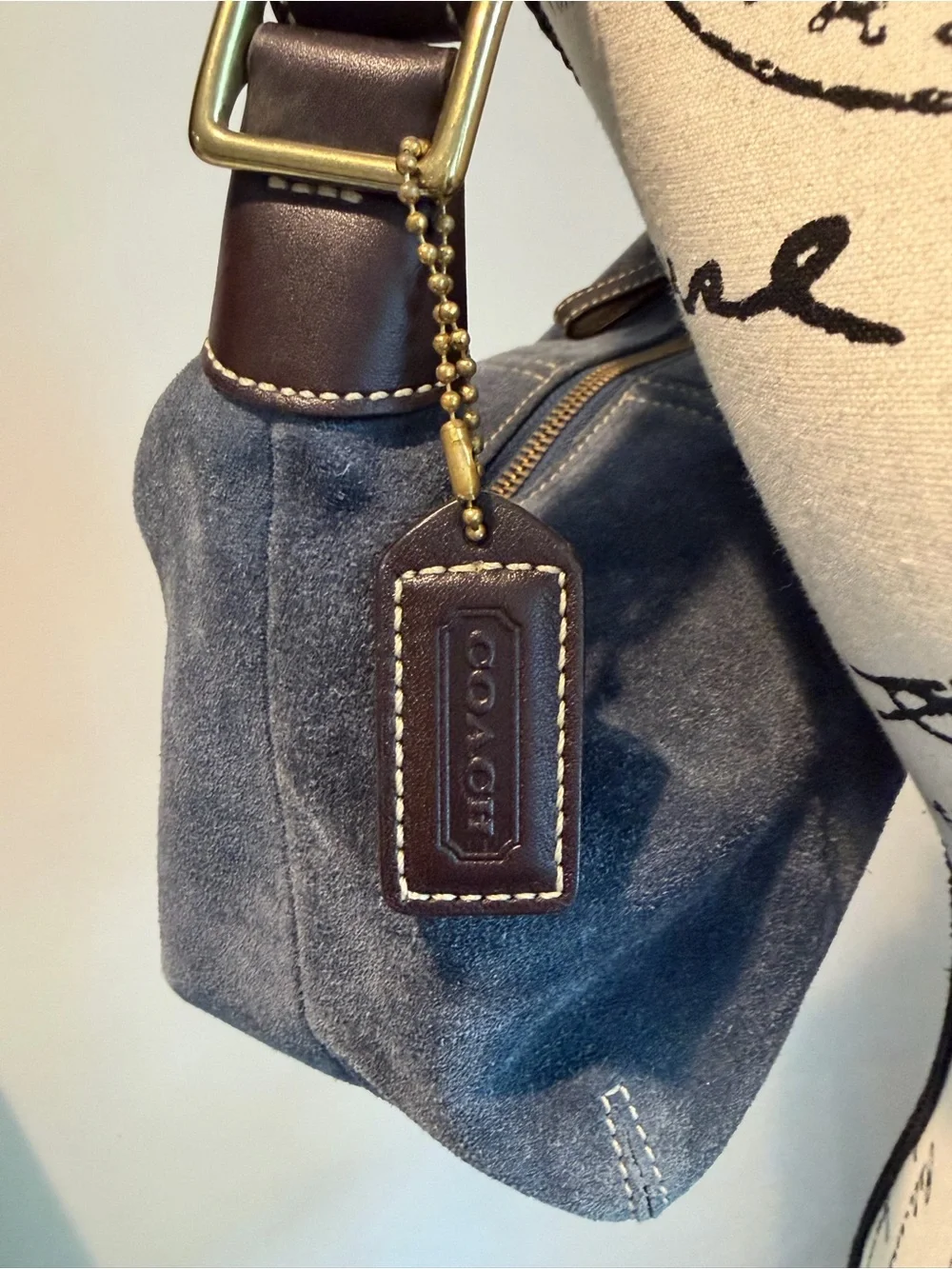 Coach Blue Suede Shoulder Bag with Brown Leather Strap